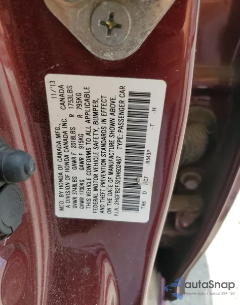 2013 Honda Civic Lx from USA, damaged, VIN 2HGFB2F52DH602467
